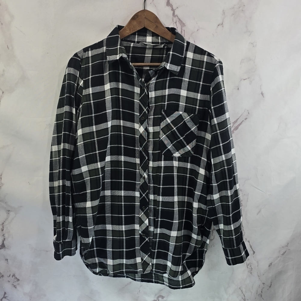 Athleta Shirt Womens Small Green Black Plaid Flannel Button Up Sierra Tunic